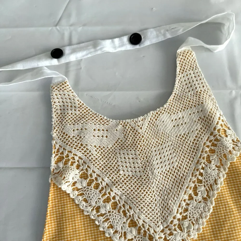 Vtg 1950s 1960s Full Apron Dutch Boys Girls Yellow Gingham Cotton Lined 1/2 Work